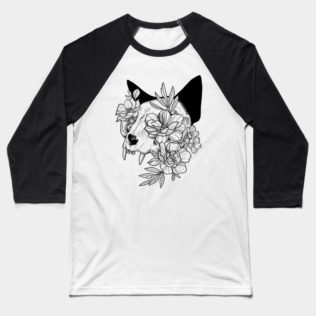 Floral Cat Skull Baseball T-Shirt by JulieKitzes